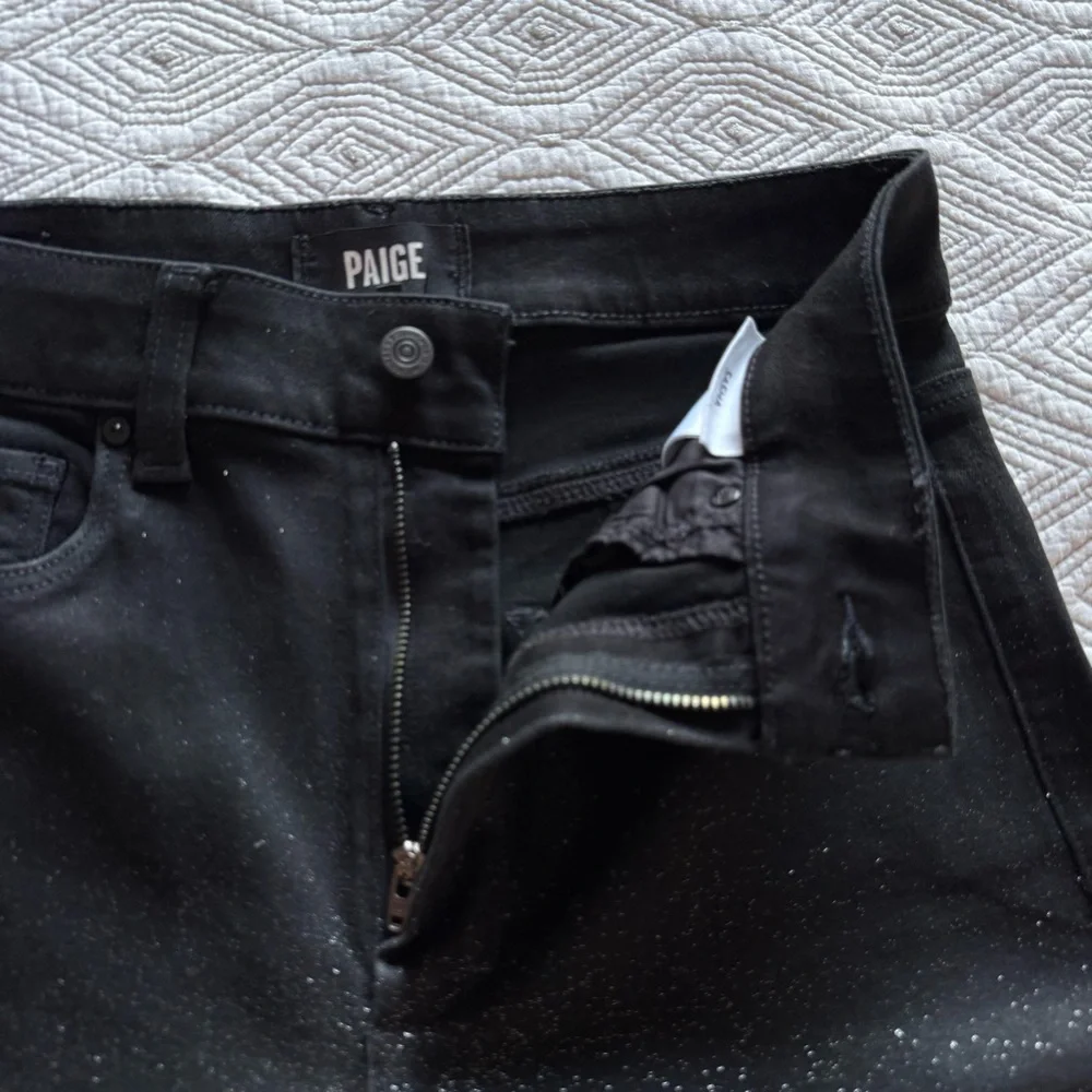 PAIGE Women's Sasha Coated Black Silver Glitter Luxe Wide-Leg Jeans Size 27